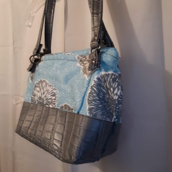 New Vinyl Double handle Shoulder Satchel Bag Purse Blue Gray Dandelion Floral - Picture 6 of 14